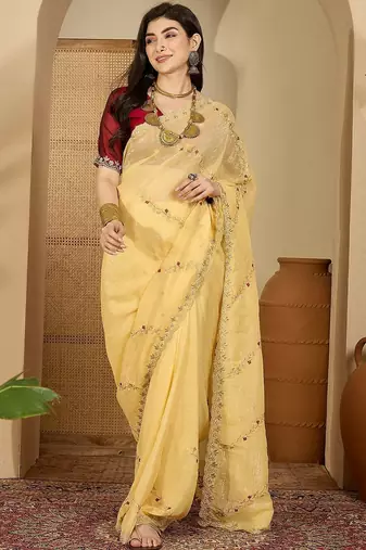 Yellow embroidered chiffon saree