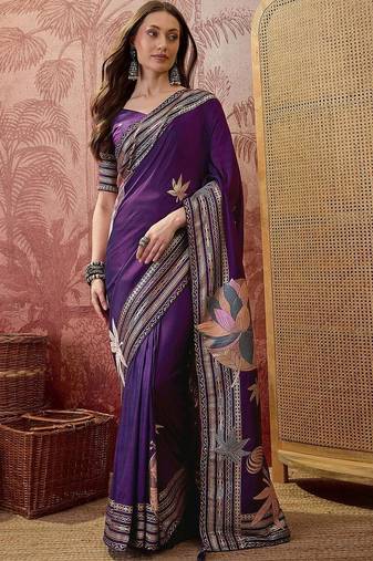 Purple embellished embroidered saree with blouse piece
