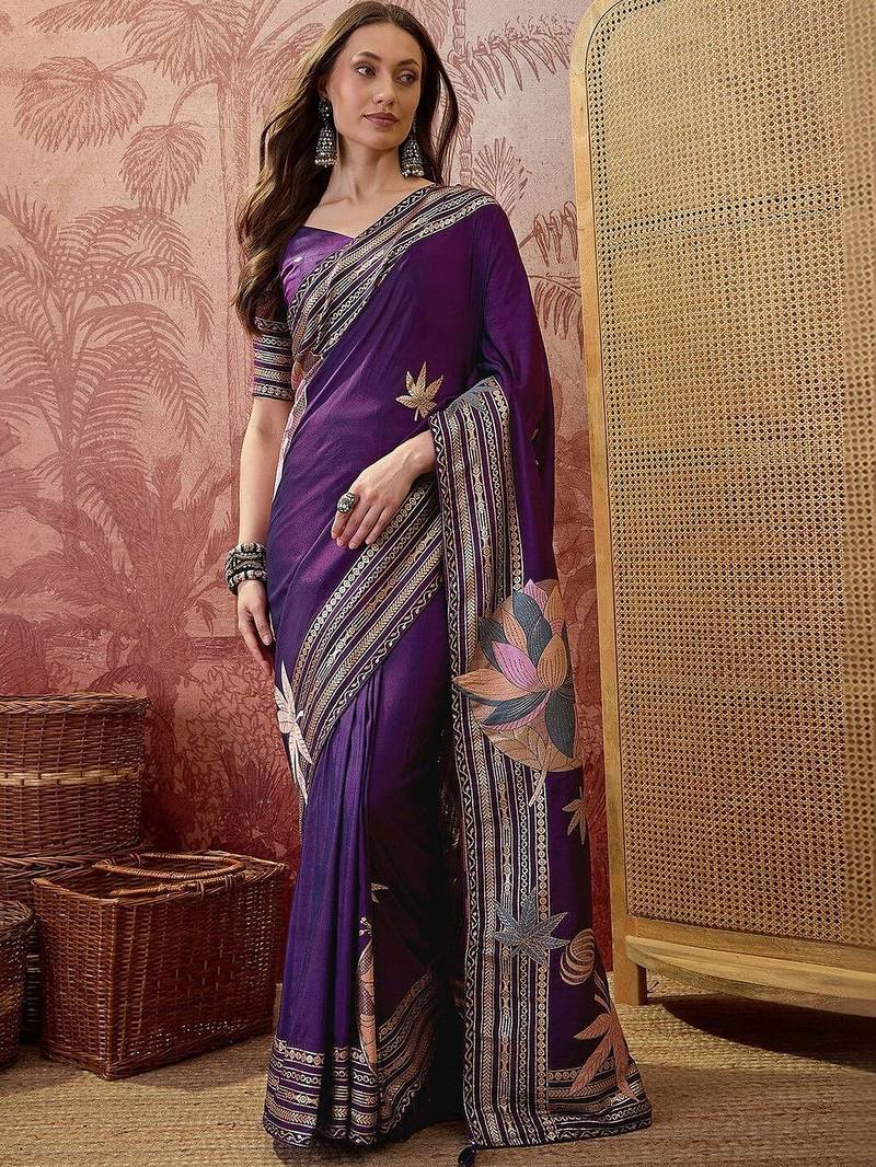 Purple embellished embroidered saree with blouse piece