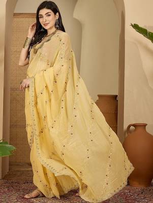 Yellow embroidered chiffon saree 3