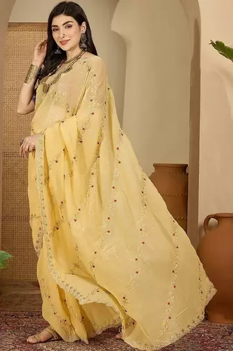 Yellow embroidered chiffon saree