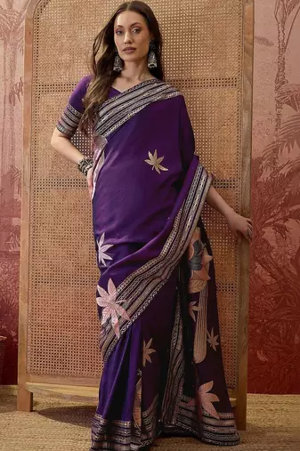 Purple embellished embroidered saree with blouse piece