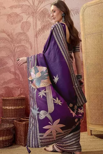 Purple embellished embroidered saree with blouse piece