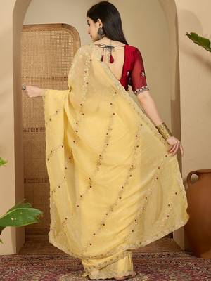 Yellow embroidered chiffon saree 4
