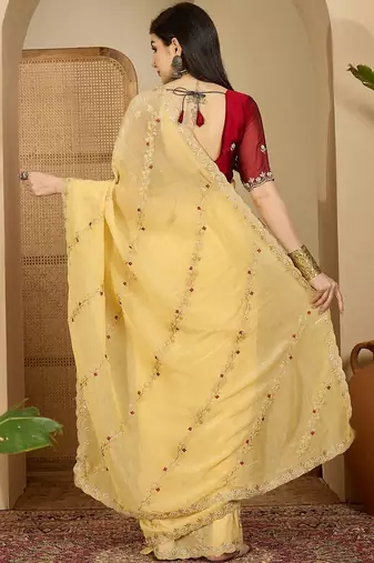 Yellow embroidered chiffon saree