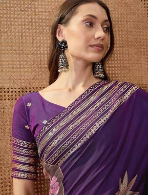 Purple embellished embroidered saree with blouse piece 4
