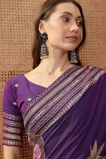 Purple embellished embroidered saree with blouse piece