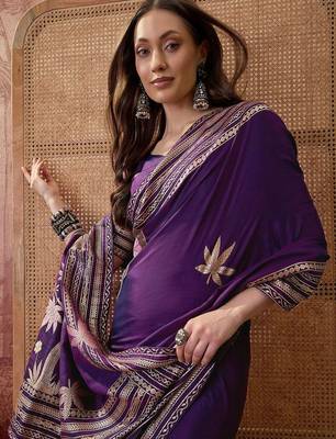 Purple embellished embroidered saree with blouse piece 5
