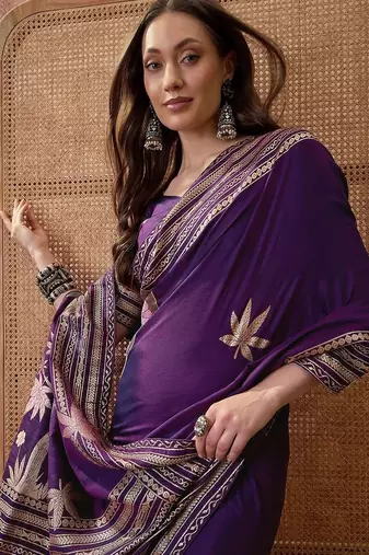 Purple embellished embroidered saree with blouse piece