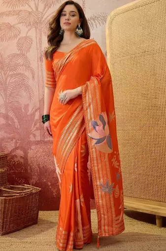 Orange floral embroidered saree with blouse piece