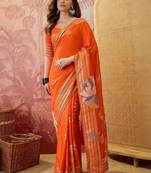 Orange floral embroidered saree with blouse piece