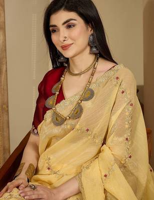 Yellow embroidered chiffon saree 5