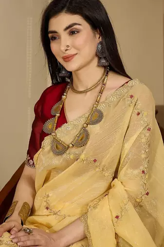 Yellow embroidered chiffon saree