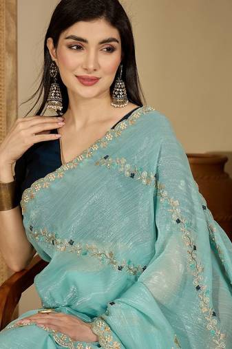 Blue embroidered chiffon saree