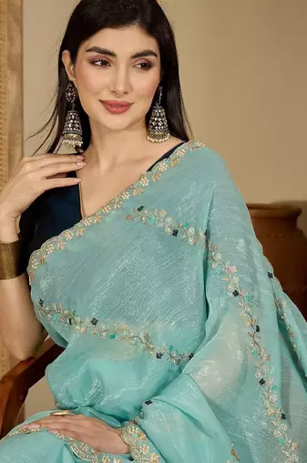 Blue embroidered chiffon saree