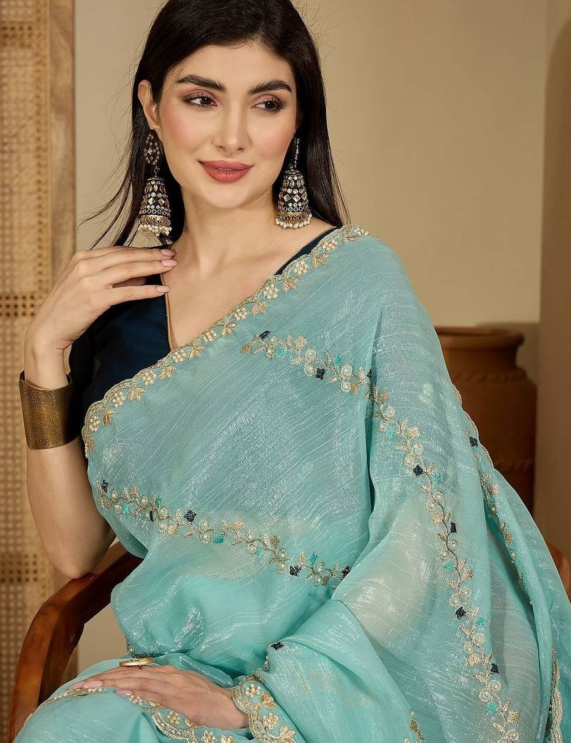 Blue embroidered chiffon saree