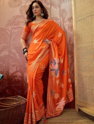 Orange floral embroidered saree with blouse piece 2