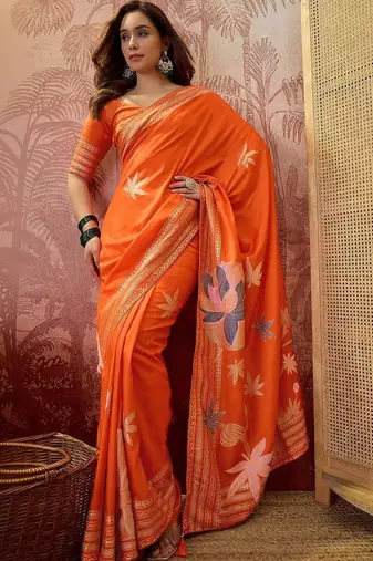 Orange floral embroidered saree with blouse piece