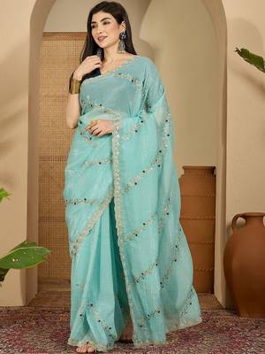 Blue embroidered chiffon saree 2