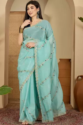 Blue embroidered chiffon saree
