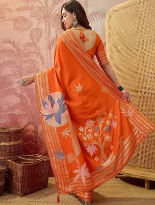 Orange floral embroidered saree with blouse piece 3