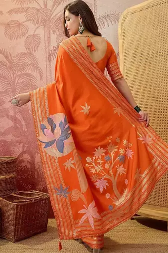 Orange floral embroidered saree with blouse piece