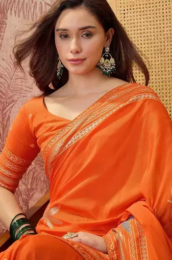 Orange floral embroidered saree with blouse piece
