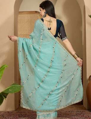 Blue embroidered chiffon saree 4