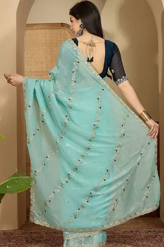 Blue embroidered chiffon saree