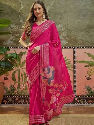 Magenta floral embroidered saree with blouse piece 1