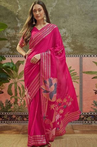 Magenta floral embroidered saree with blouse piece