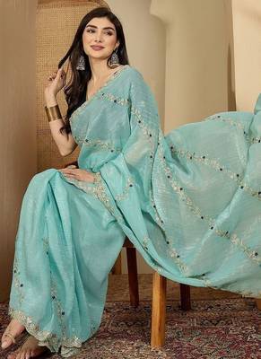 Blue embroidered chiffon saree 5