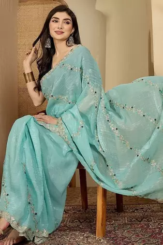 Blue embroidered chiffon saree