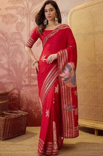 Red zari woven saree with blouse piece