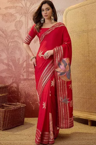 Red zari woven saree with blouse piece