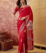 Red zari woven saree with blouse piece