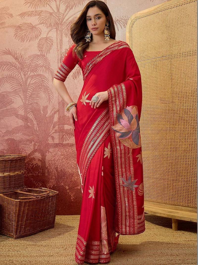 Red zari woven saree with blouse piece