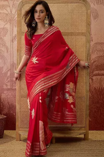 Red zari woven saree with blouse piece