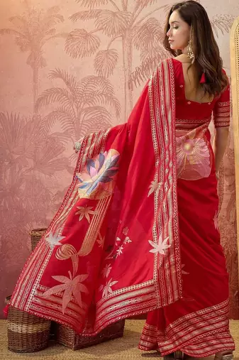 Red zari woven saree with blouse piece