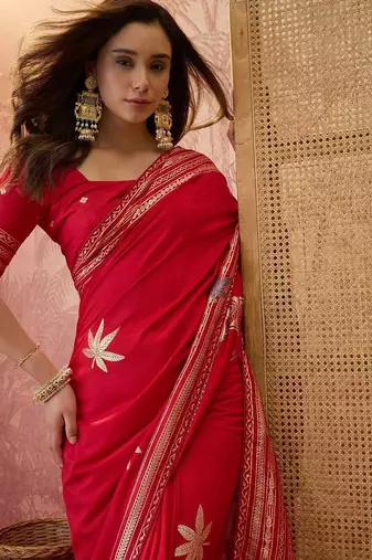 Red zari woven saree with blouse piece
