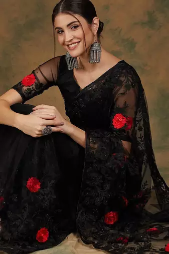 Black black floral embroidered saree