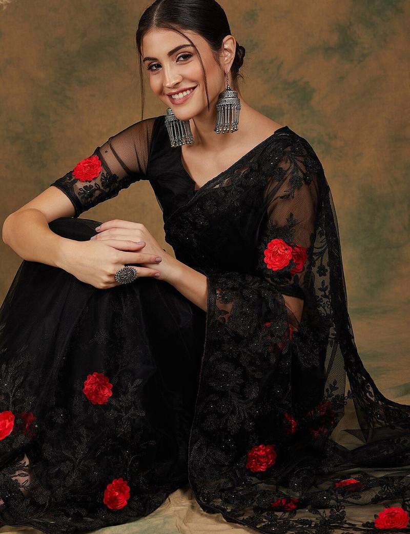 Black black floral embroidered saree