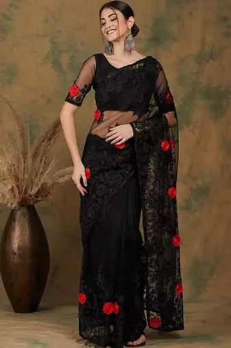 Black black floral embroidered saree
