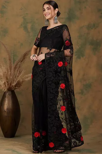 Black black floral embroidered saree