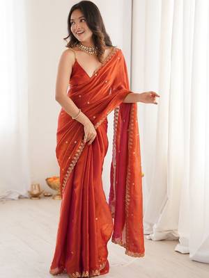 Orange embellished embroidered tissue designer saree 2
