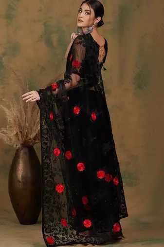 Black black floral embroidered saree