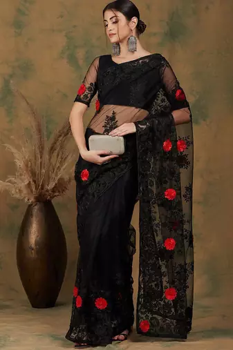 Black black floral embroidered saree