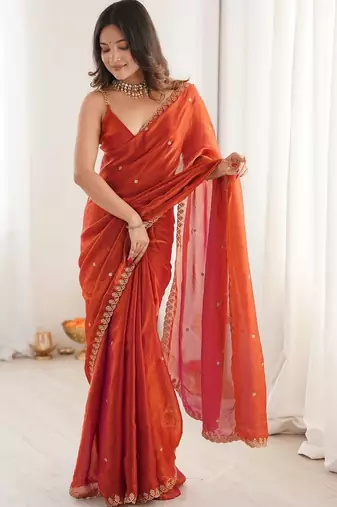 Orange embellished embroidered tissue designer saree