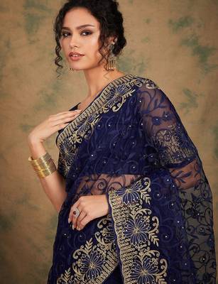 Navy blue embroidered net sarees 1