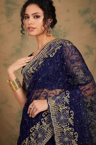 Navy blue embroidered net sarees